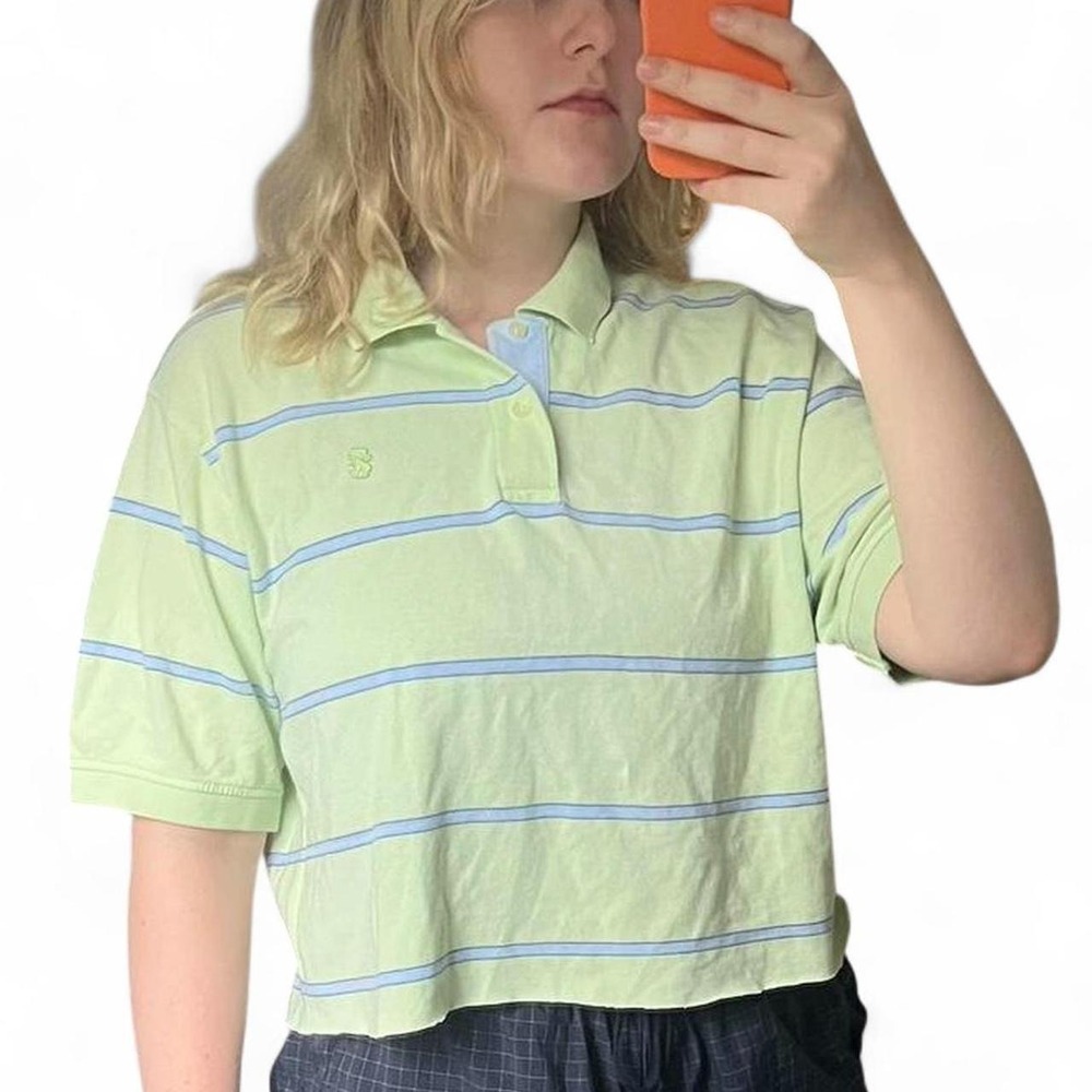 Izod Vintage Cropped Polo Shirt Green Blue Striped Reworked Mens Large
